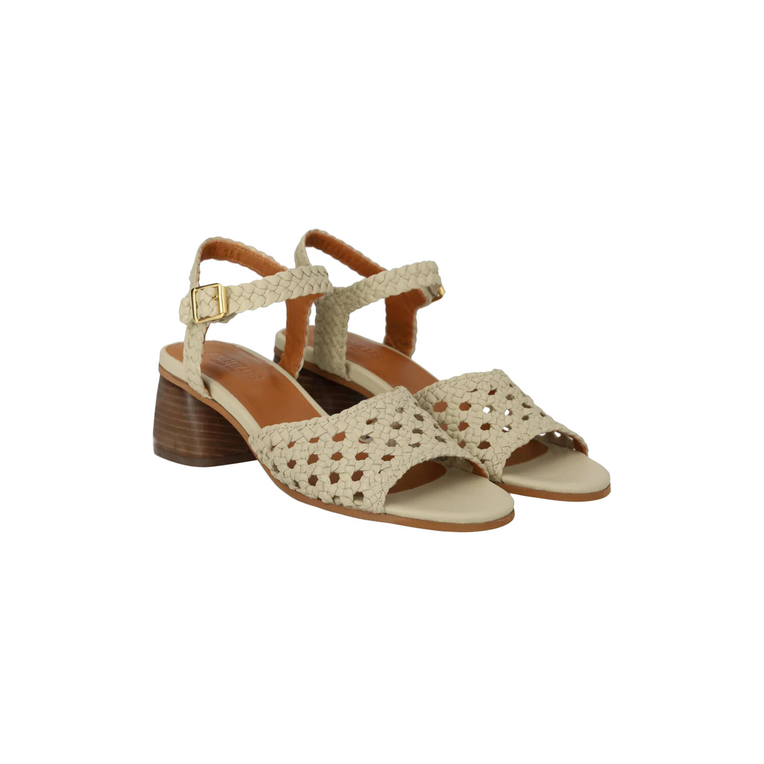 H&aring;ndflettet sandal med skulpturel h&aelig;l, buttermilk