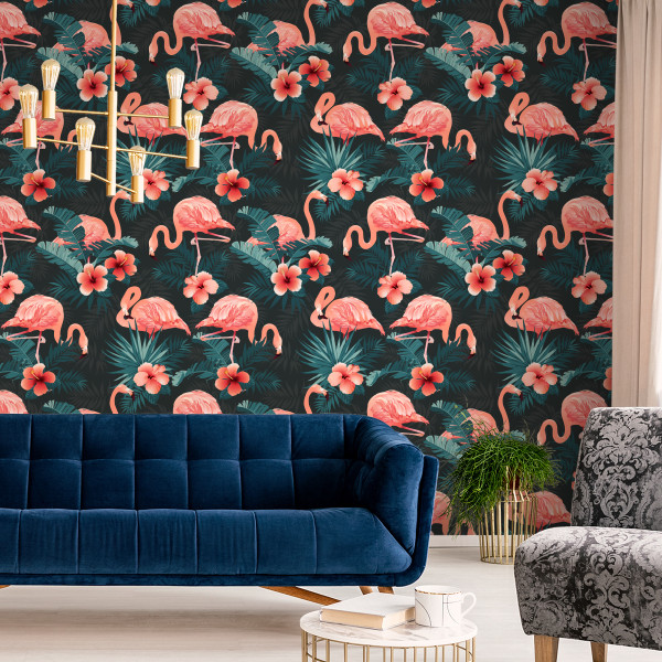 Tapeta Do Salonu FLAMINGI Różowe Kwiaty Liście 3D