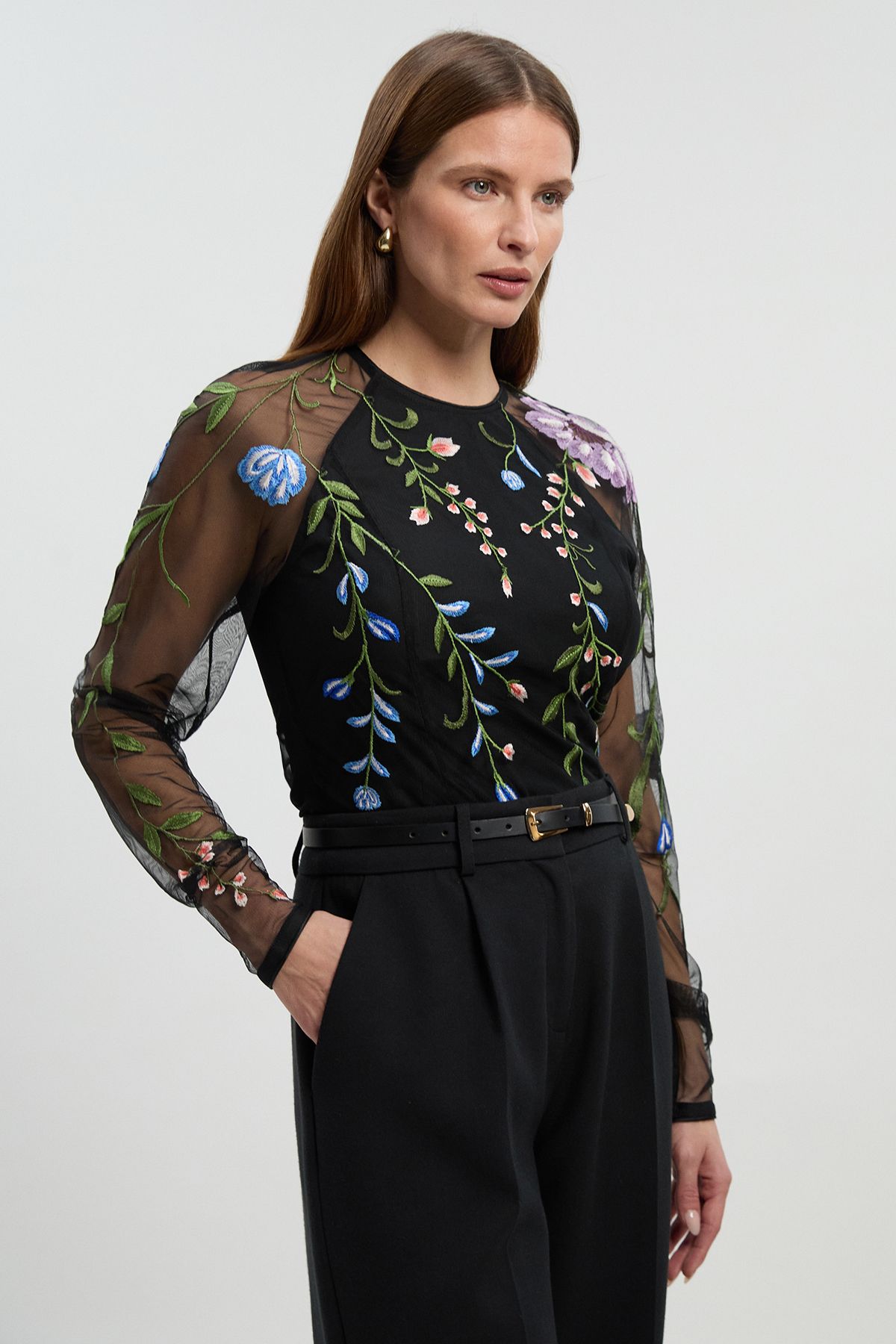 KarenMillen Placed Floral Embroidered Mesh Long Sleeve Woven Top