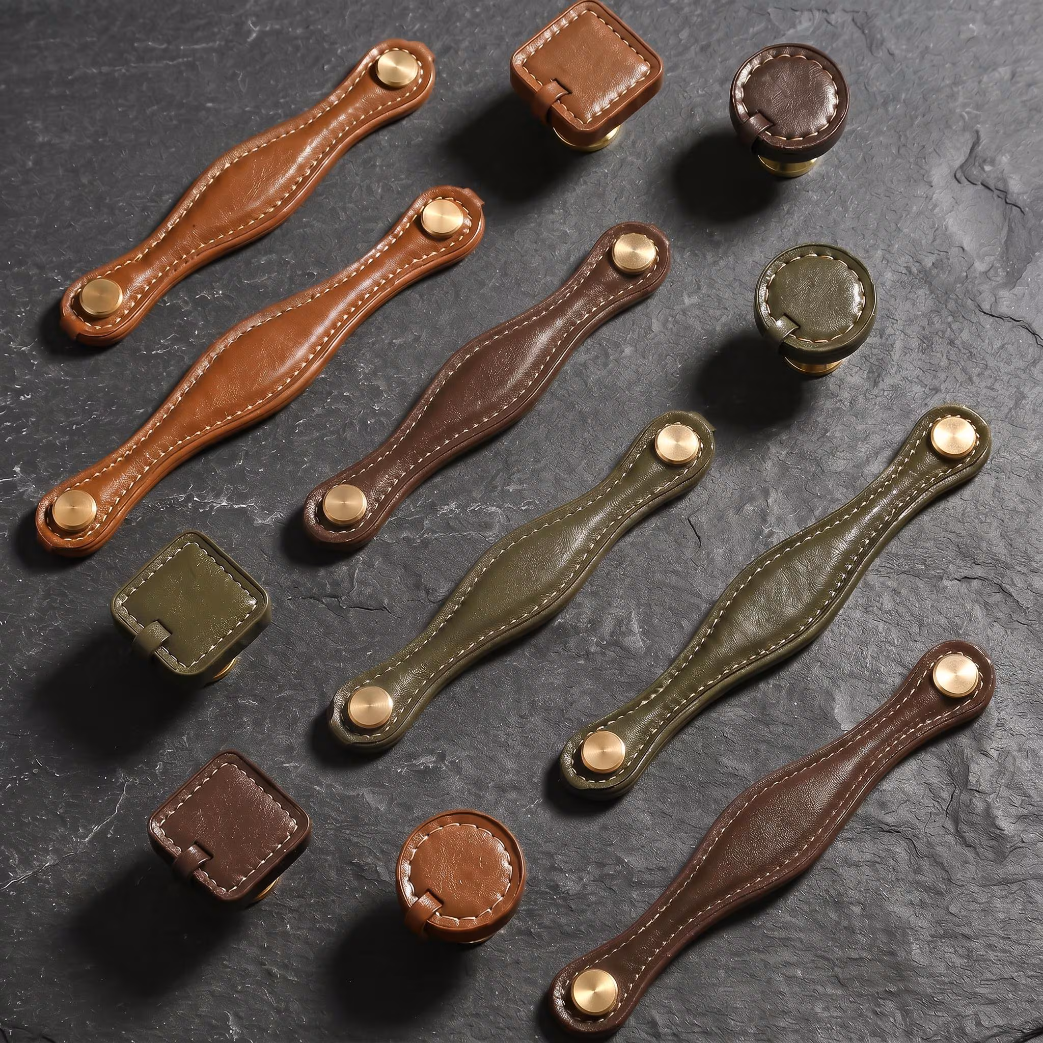 Leather Cabinet Handles Drawer Pulls Leather Strap Handles and Knobs Brass Furniture Hardware Rustic Modern Kitchen Wardrobe Decor Set