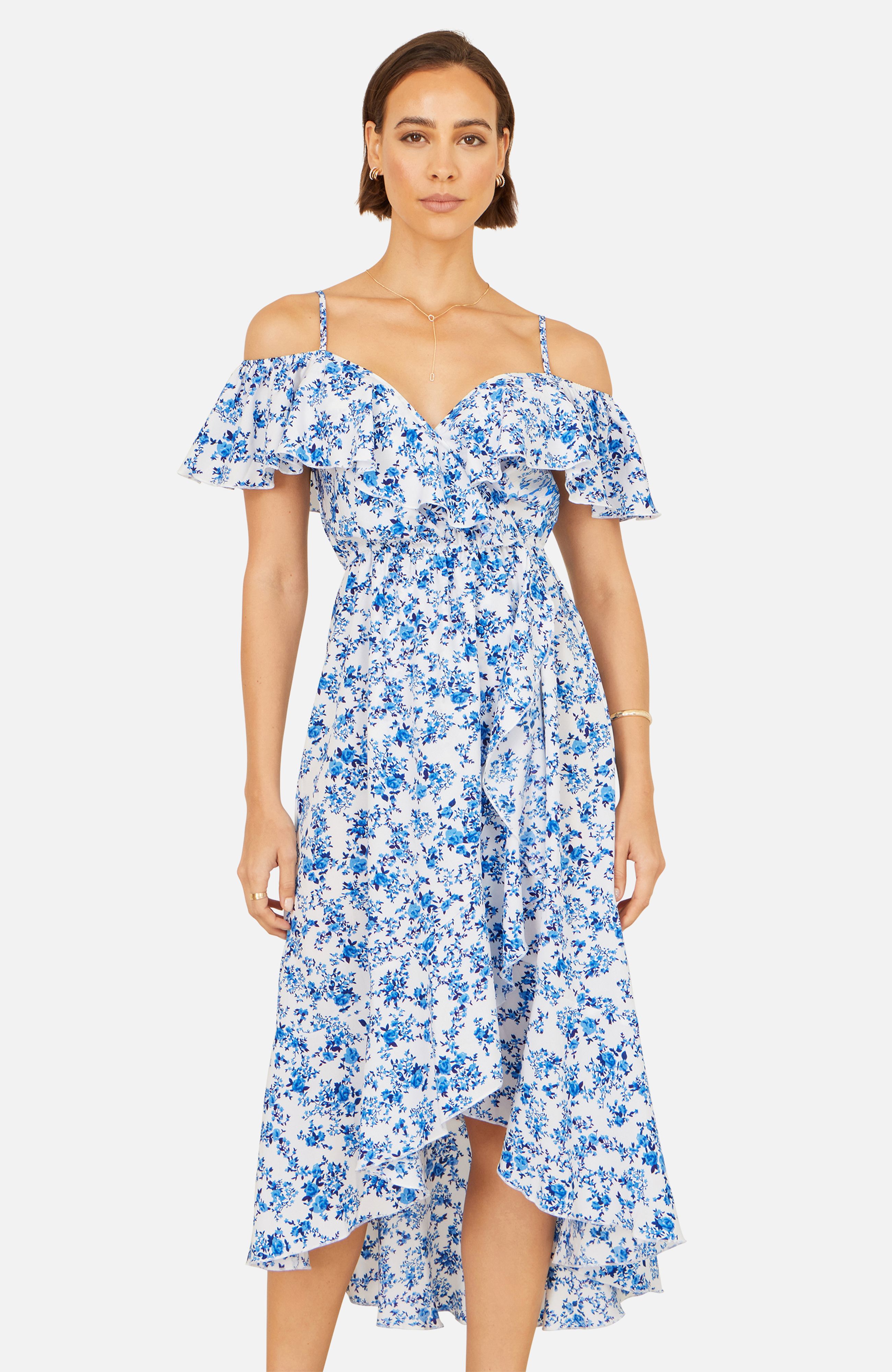 Yumi Blue Floral Print Bardot Midi Dress With Dip Hem