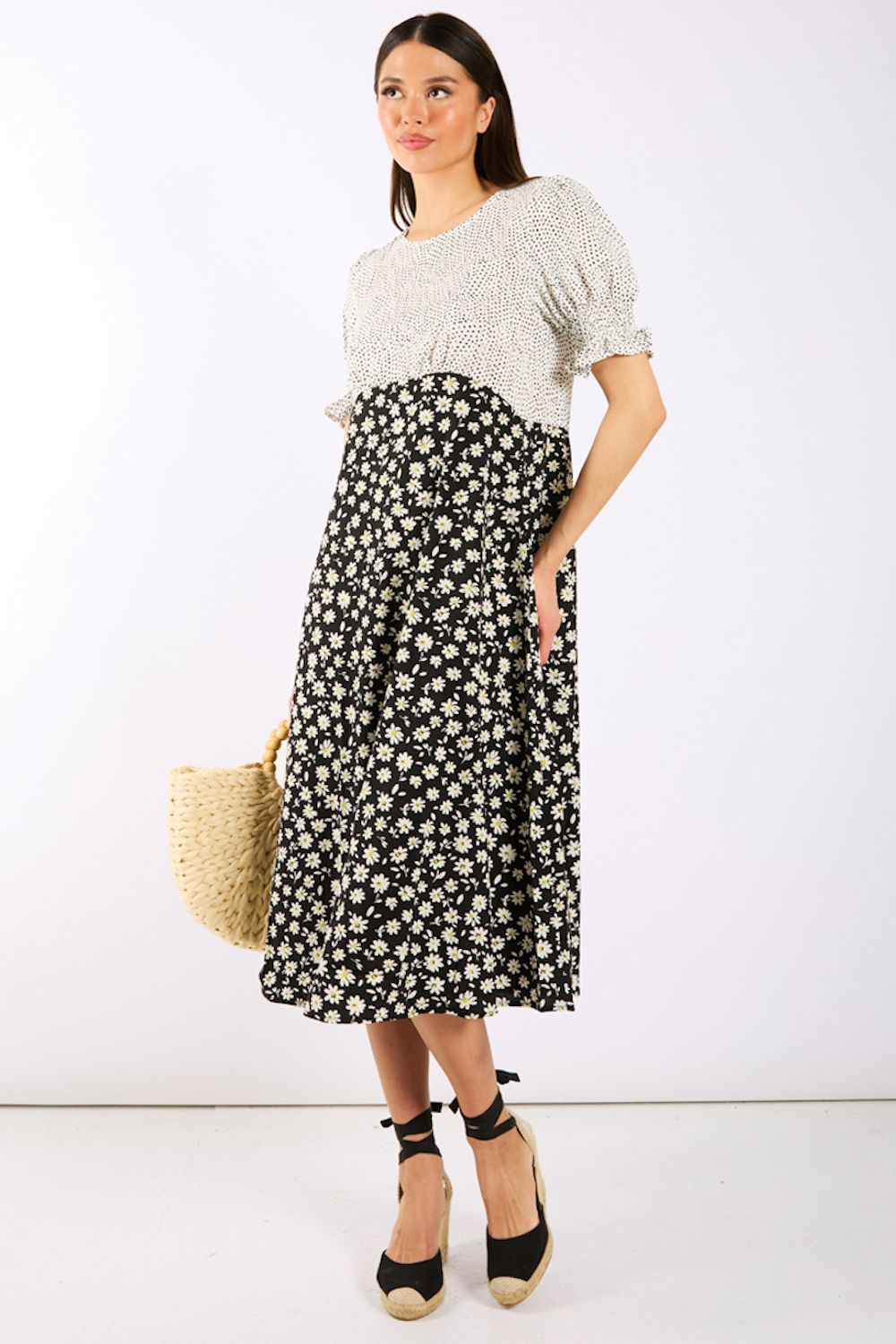 Needs No Label Daisy Spot Puff Sleeve Midi Dress