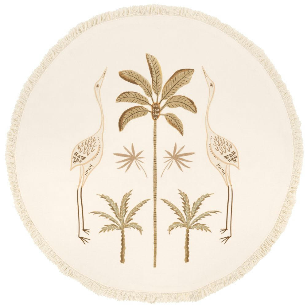 GIRGA - Set de table rond en coton biologique à franges imprimé tropical écru et vert D38