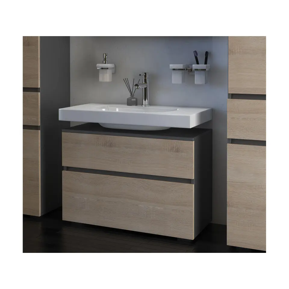 Wisla - Wastafelonderkast met 1 lade in antraciet eikenoptik