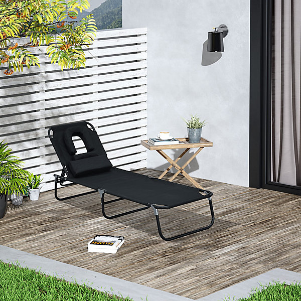 Chaise longue de jardin relax avec ouverture pour le visage et fenêtre de lecture, noire, idéale pour la détente en extérieur