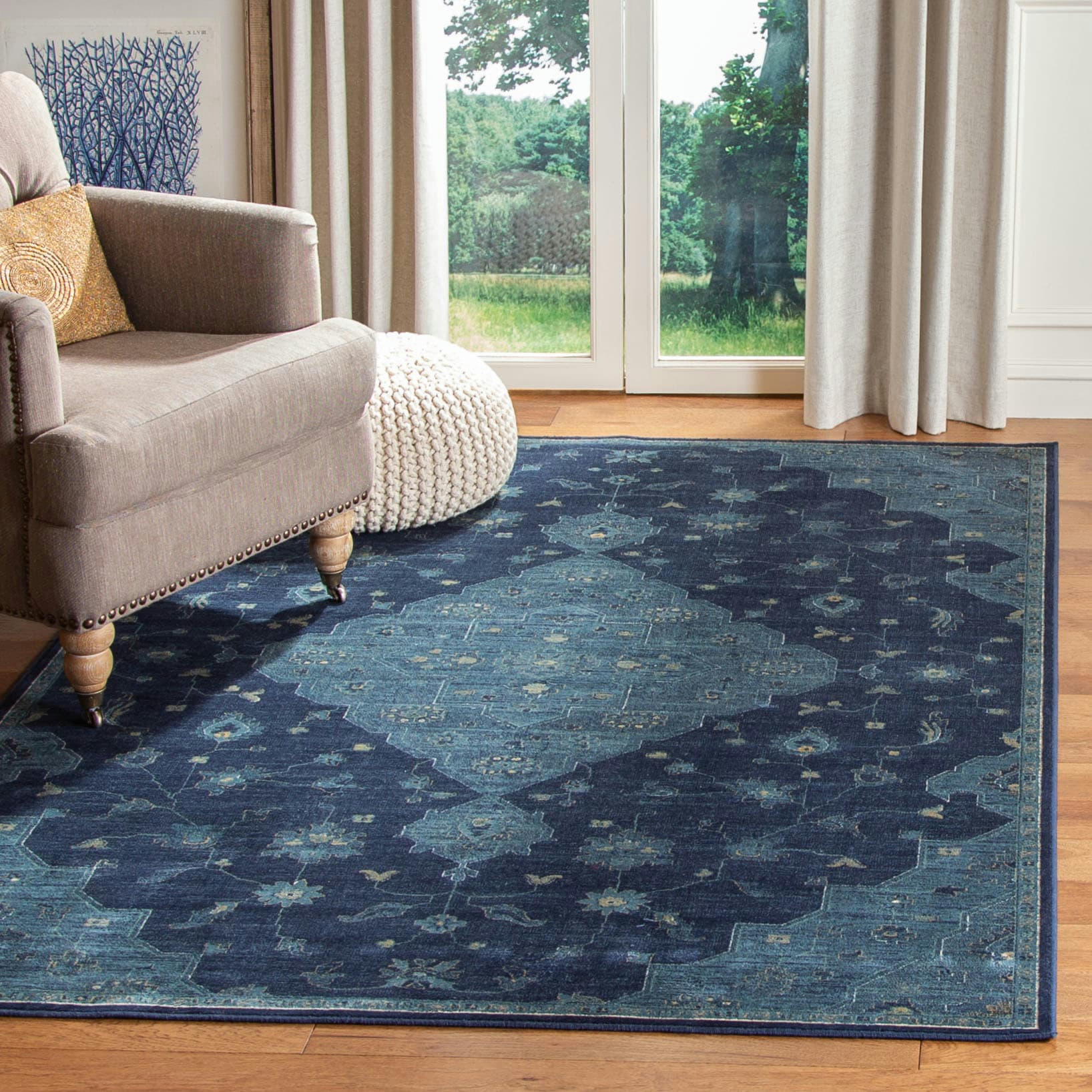 VINTAGE - Tapis de salon interieur en bleu marine & bleu canard, 99 x 140 cm
