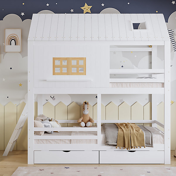 Lit superposé enfant 90x200 cm avec fenêtre et 2 tiroirs - avec échelle - bois massif   MDF - blanc naturel (sans matelas)