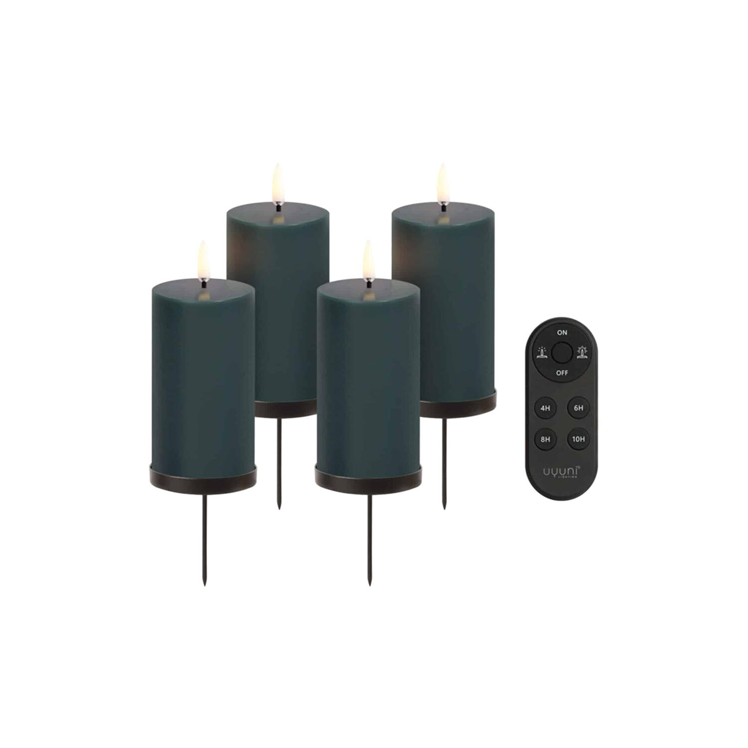 Giftbox w. spike, remote, LED pillar candle 4-pack, pine green