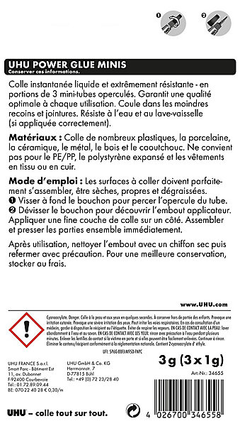 Colle UHU Power glue format liquide 3 x 1g