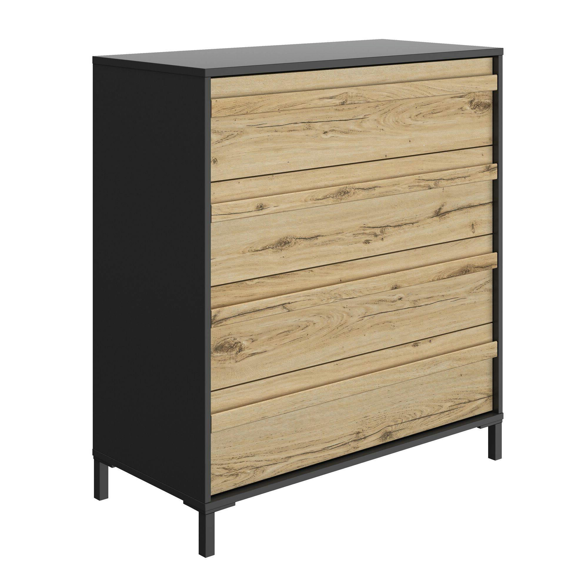 GARLONE - Commode 4 tiroirs H104 cm décor effet chêne et noir