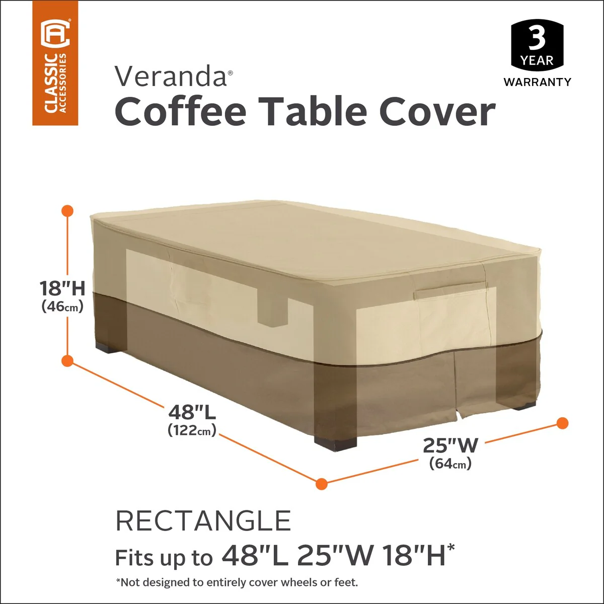 Classic Accessories Veranda Water-Resistant 48 Inch Rectangular Patio Coffee Table Cover