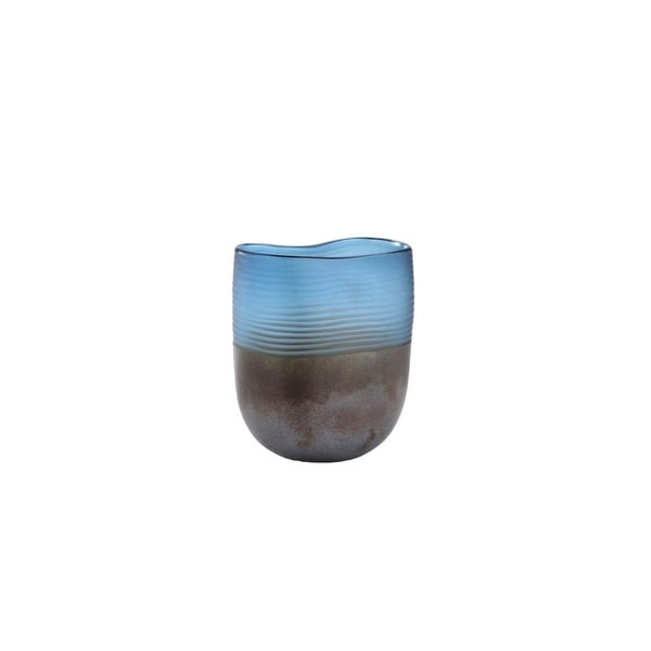 8" Blue and Brown Contemporary Striped Glass Vase