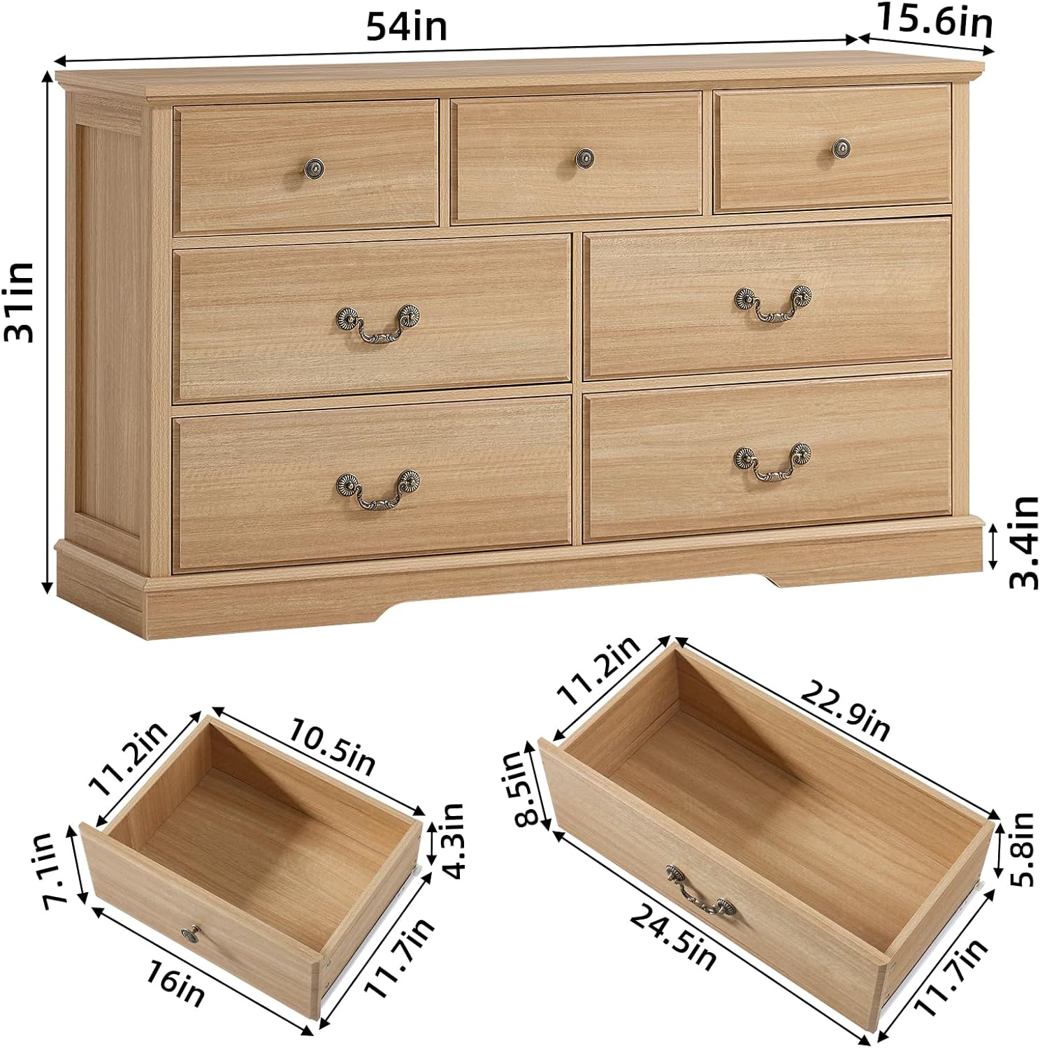 Farmhouse 7 Drawer Dresser for Bedroom,57 Wide Wood Rustic Chest of Drawers,Farmhouse Chest of Drawers for Bedroom,Wood Drawer Organizer for Bedroom,Hallway,Natural