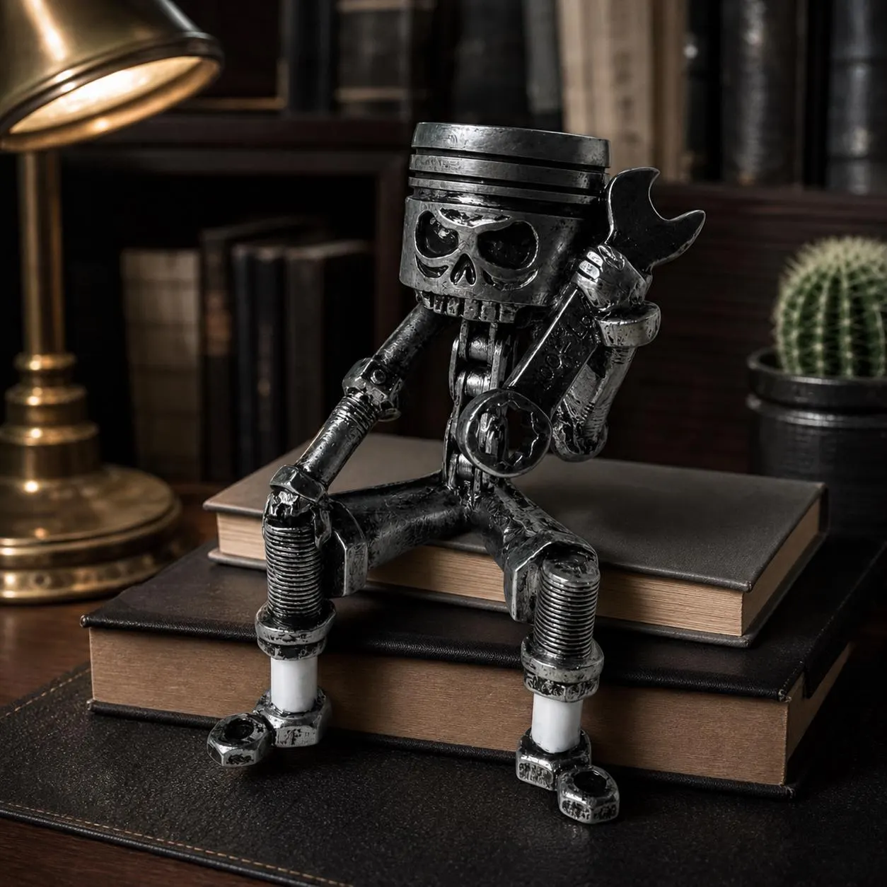 Skull Desk Decor, Mechanic Sculpture, Industrial Gothic Statue, Metal Look Wrench Figure, Garage Office Decor, Steampunk Shelf Gift