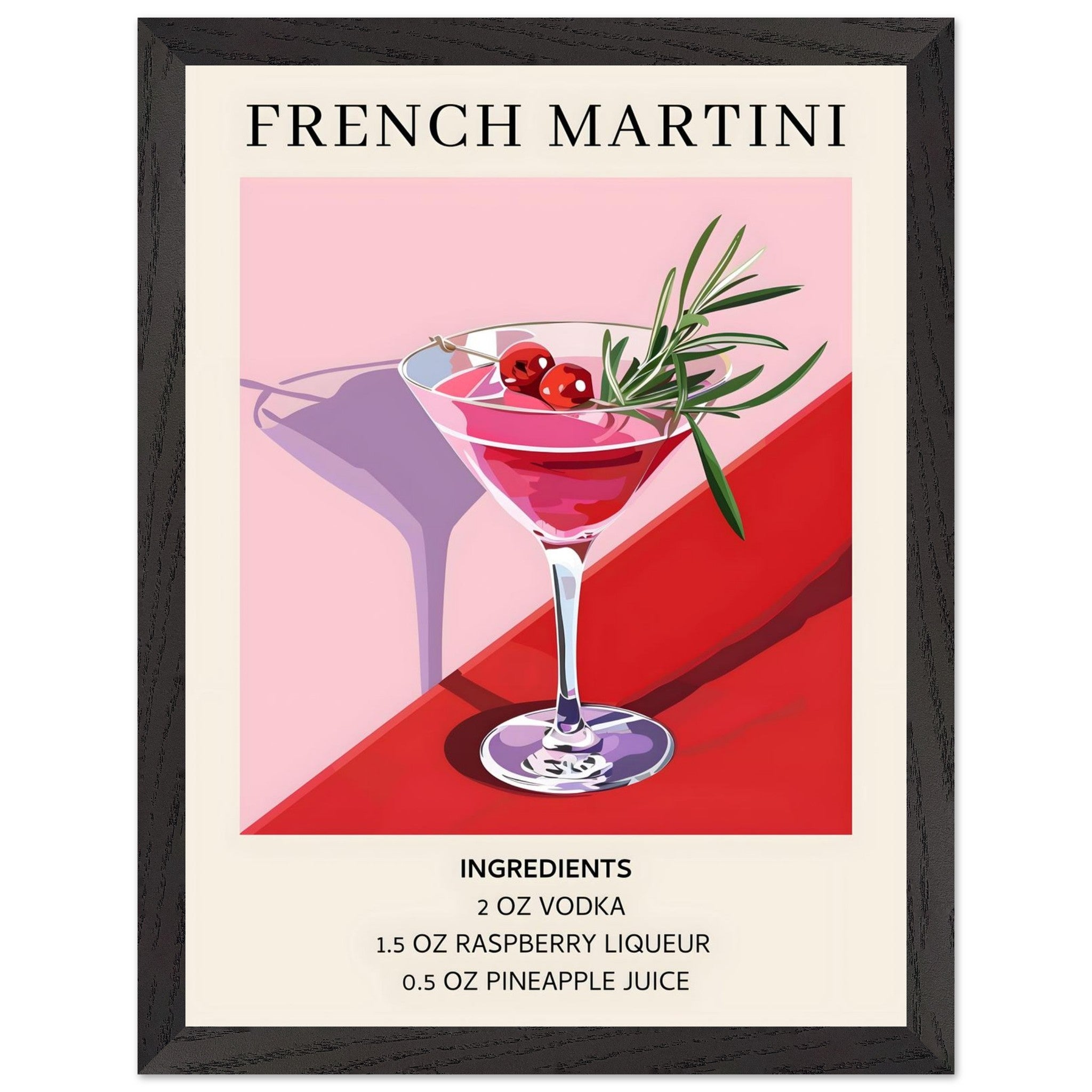 Artfulprints Poster met Lijst French Martini cocktail - Ingrediënten  - 30x40 cm - Roze
