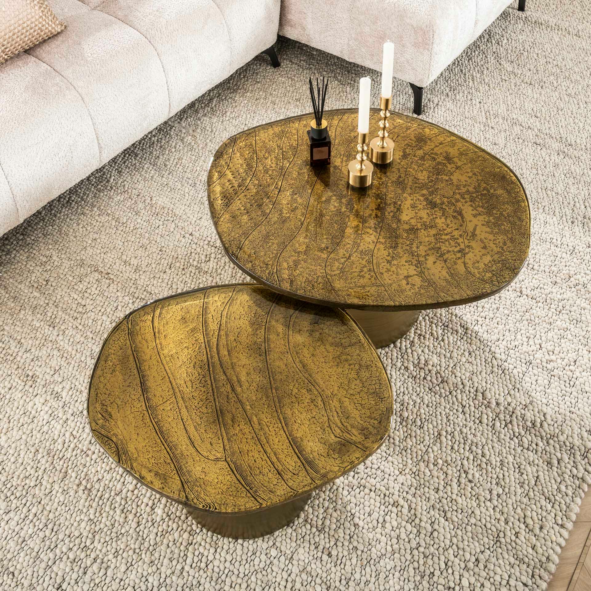 Table gigogne en verre – finition antique dorée (lot de 2) LAGUNA