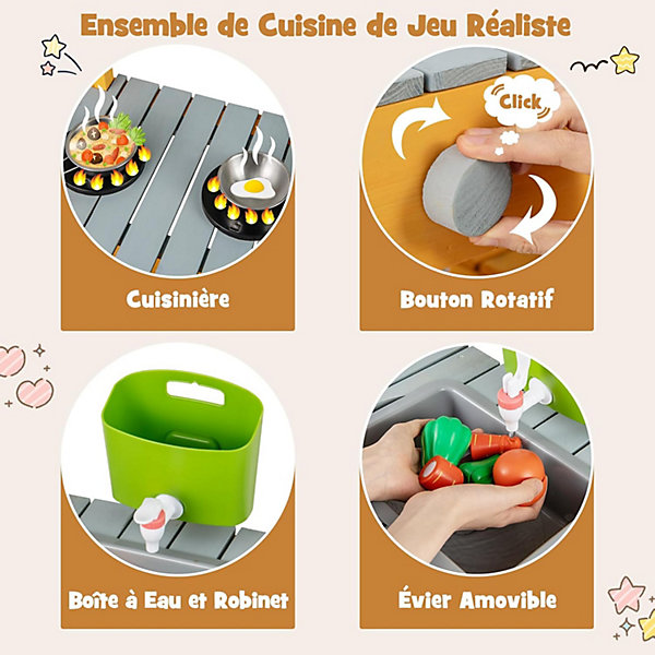 Cuisine en bois enfant, avec étagères de rangement, réservoir d'eau, robinet &évier amovible,pour enfant 3 ans  (orange)