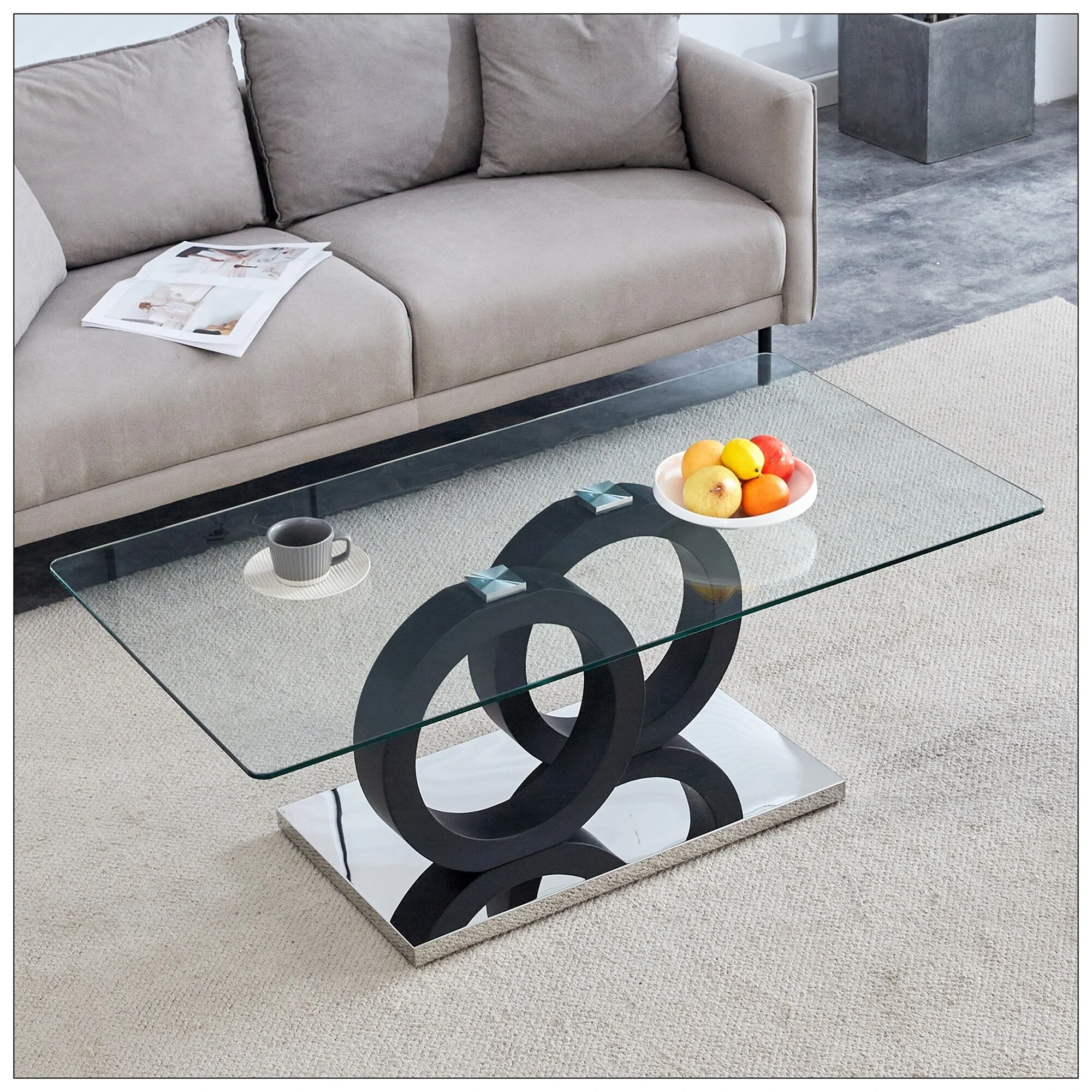 Modern Style Glass Top MDF Coffee Table with Black Base