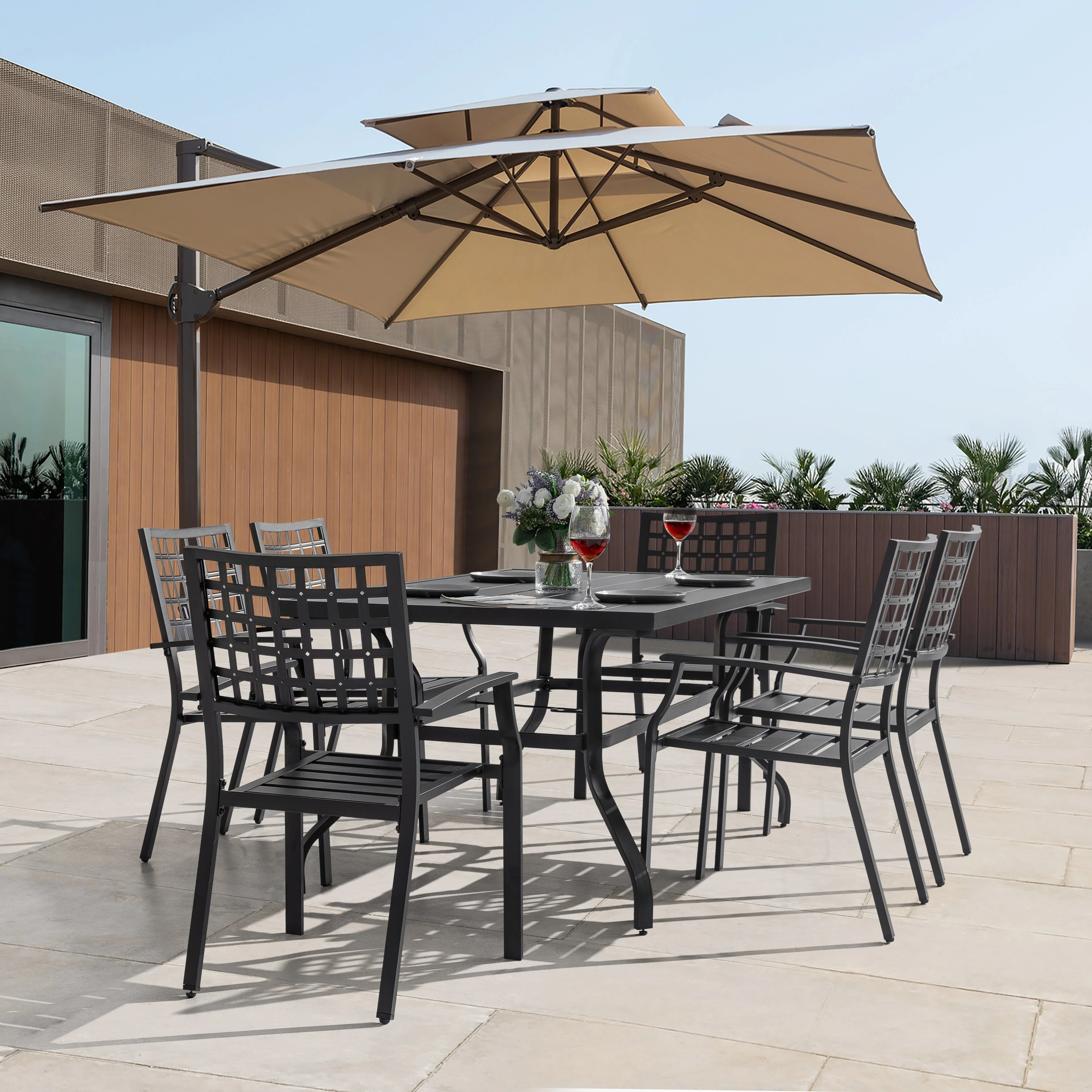 Outdoor 7-Piece Dining Set with 1.57 Inch Umbrella Hole, Iron Frame, Black