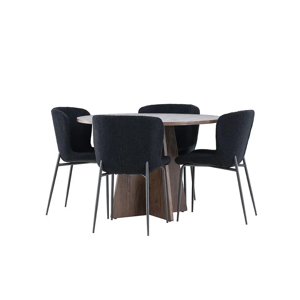 Hioshop Bootcut eethoek tafel &Oslash;110cm en 4 teddy stoelen mocca