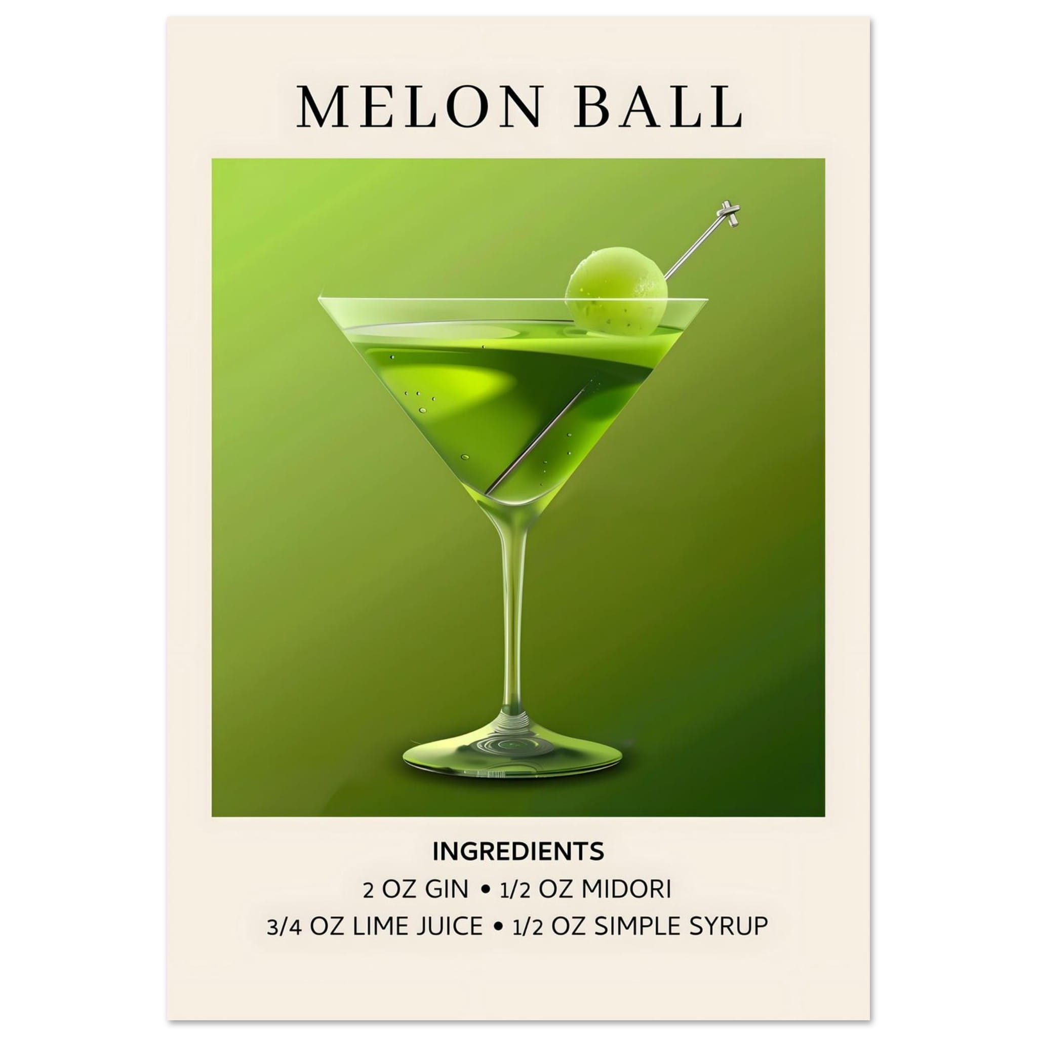 Artfulprints Poster Melon Ball cocktail - Ingrediënten  - 70x100 cm - Groen