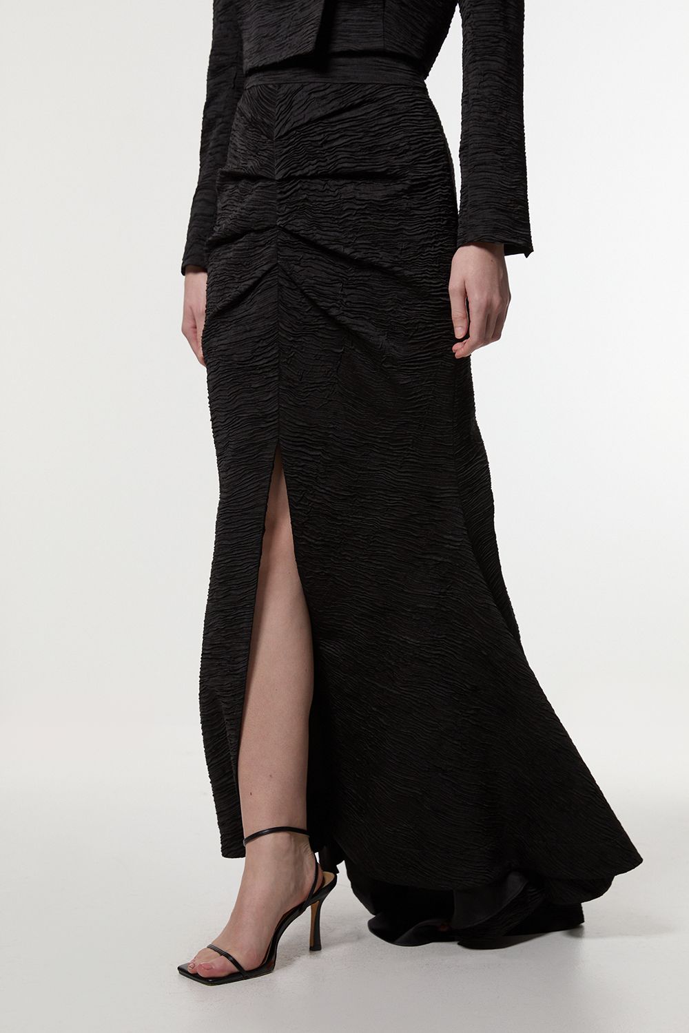 KarenMillen Crinkle Satin Pleated Tailored Maxi Skirt