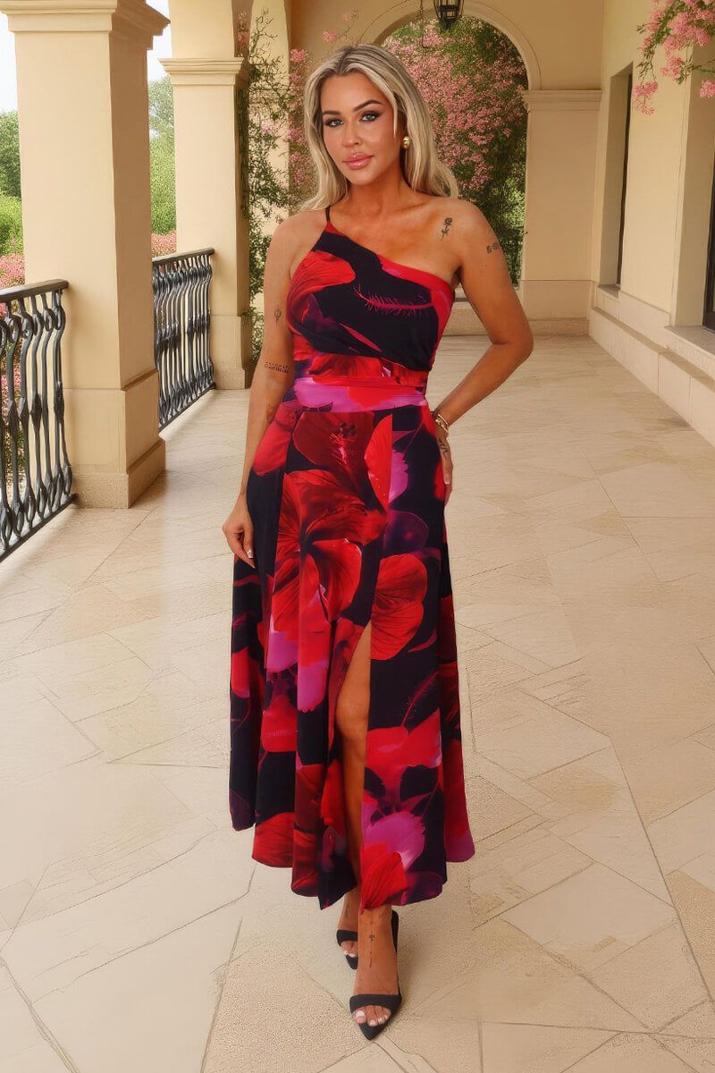 AX Paris Multi Floral Print One Shoulder Ruched Waist Midi Dress