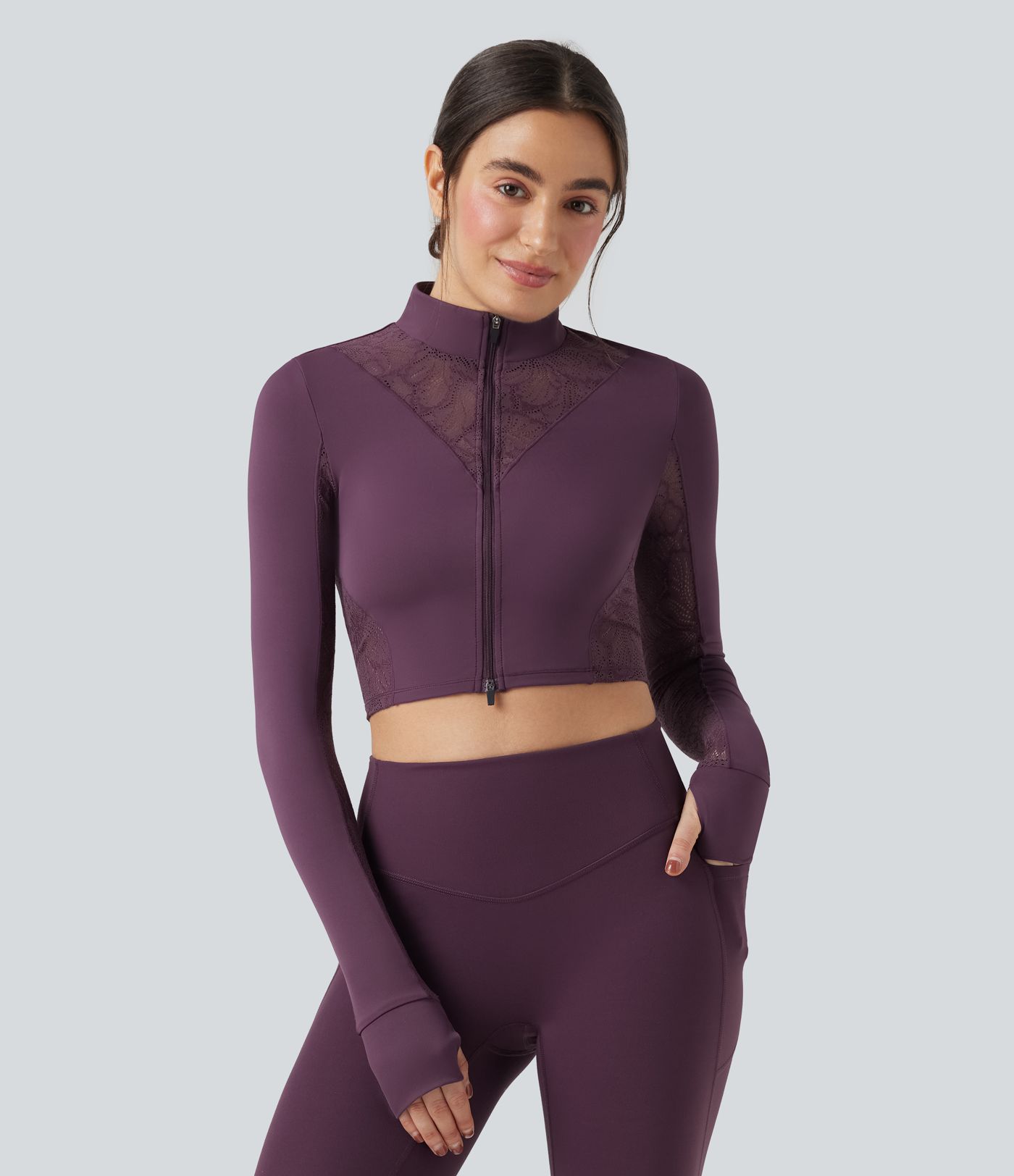 Veste de yoga SoftlyZero™ dentelle contrastante double zip à trous pouces - UPF50