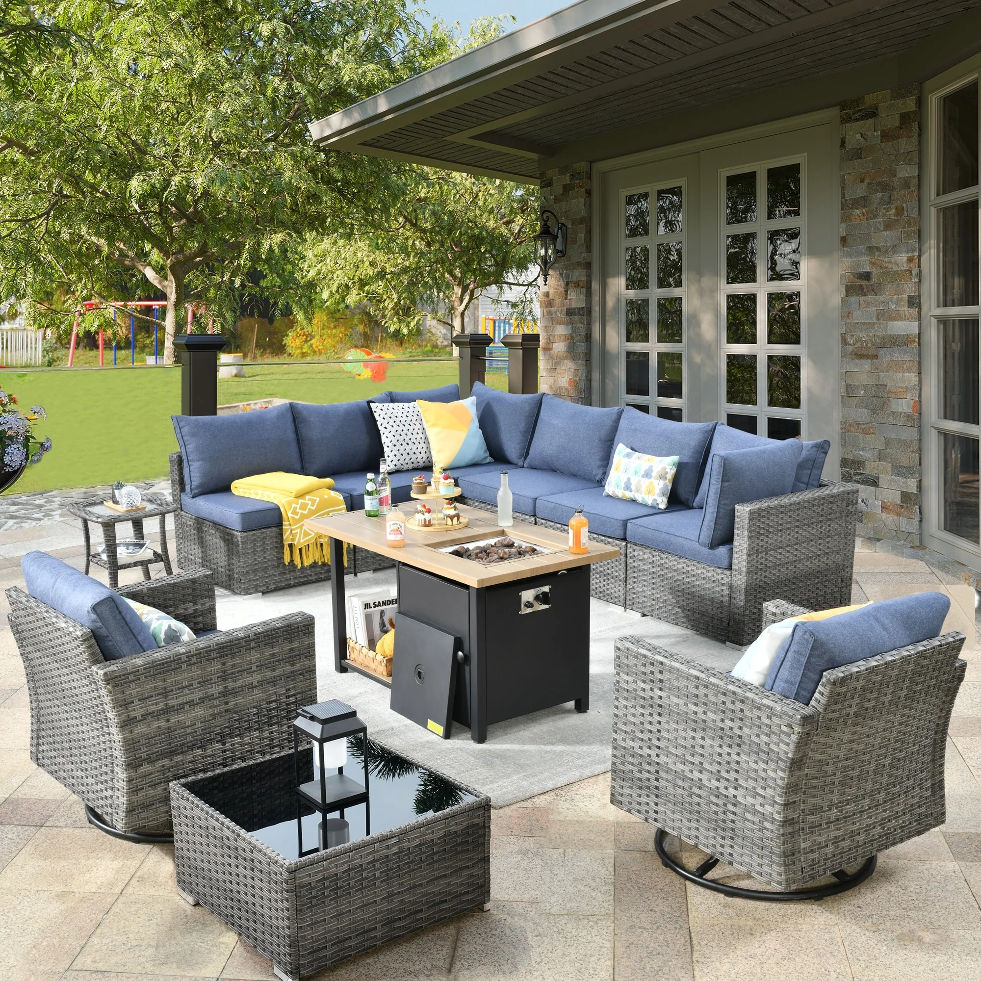 XIZZI 11-piece Outdoor Wicker Furniture Patio Swivel Chair Set with Firepit Table
