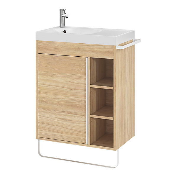 Meuble vasque faible profondeur effet bois avec porte-serviettes l.65 x H.82 x P.36 cm Maza   plan vasque résine, GoodHome Maza