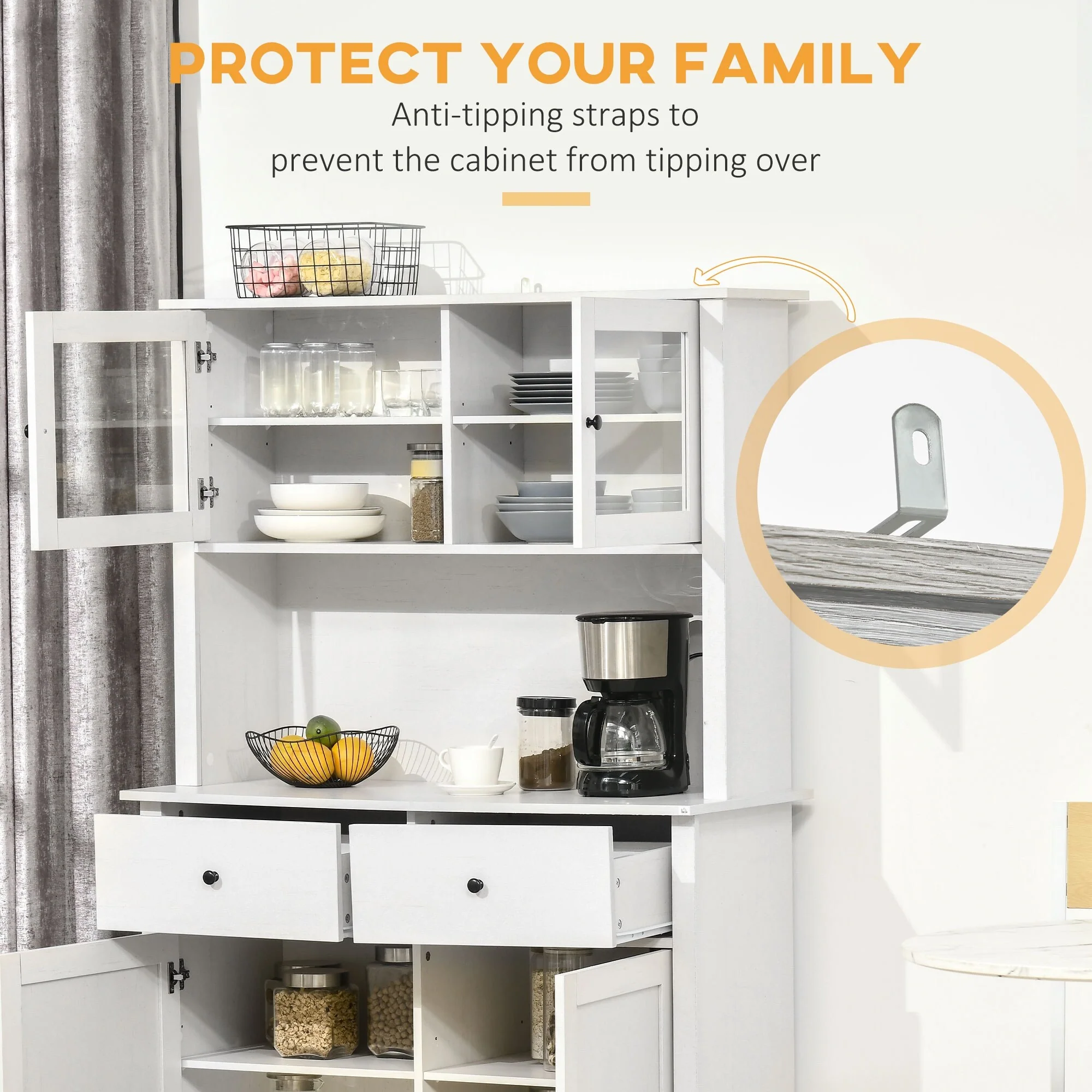 Microwave Cabinet with Storage Drawer, Cable Hole, Double Door Cabinet and Adjustable Shelf, Storage Cabinet for Kitchen