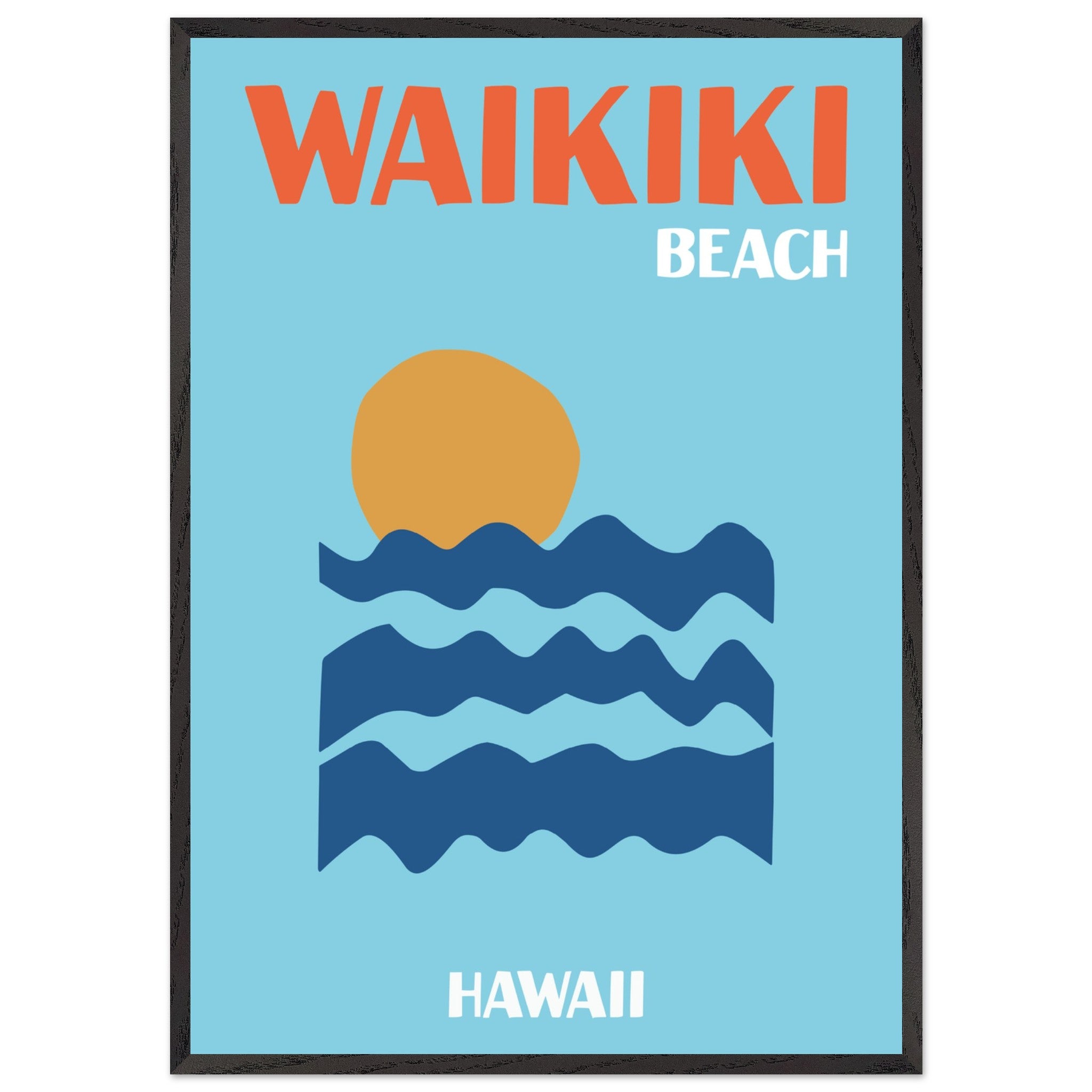 Artfulprints Poster met Lijst Hawaii - Waikiki Beach  - 70x100 cm - Blauw