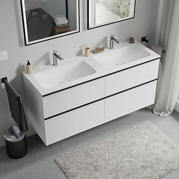 Meuble vasque suspendu MDF Blanc mat, lavabo fonte Blanc mat   trou robinet, poignée Noir mat - 120x46x62cm - LAVOA