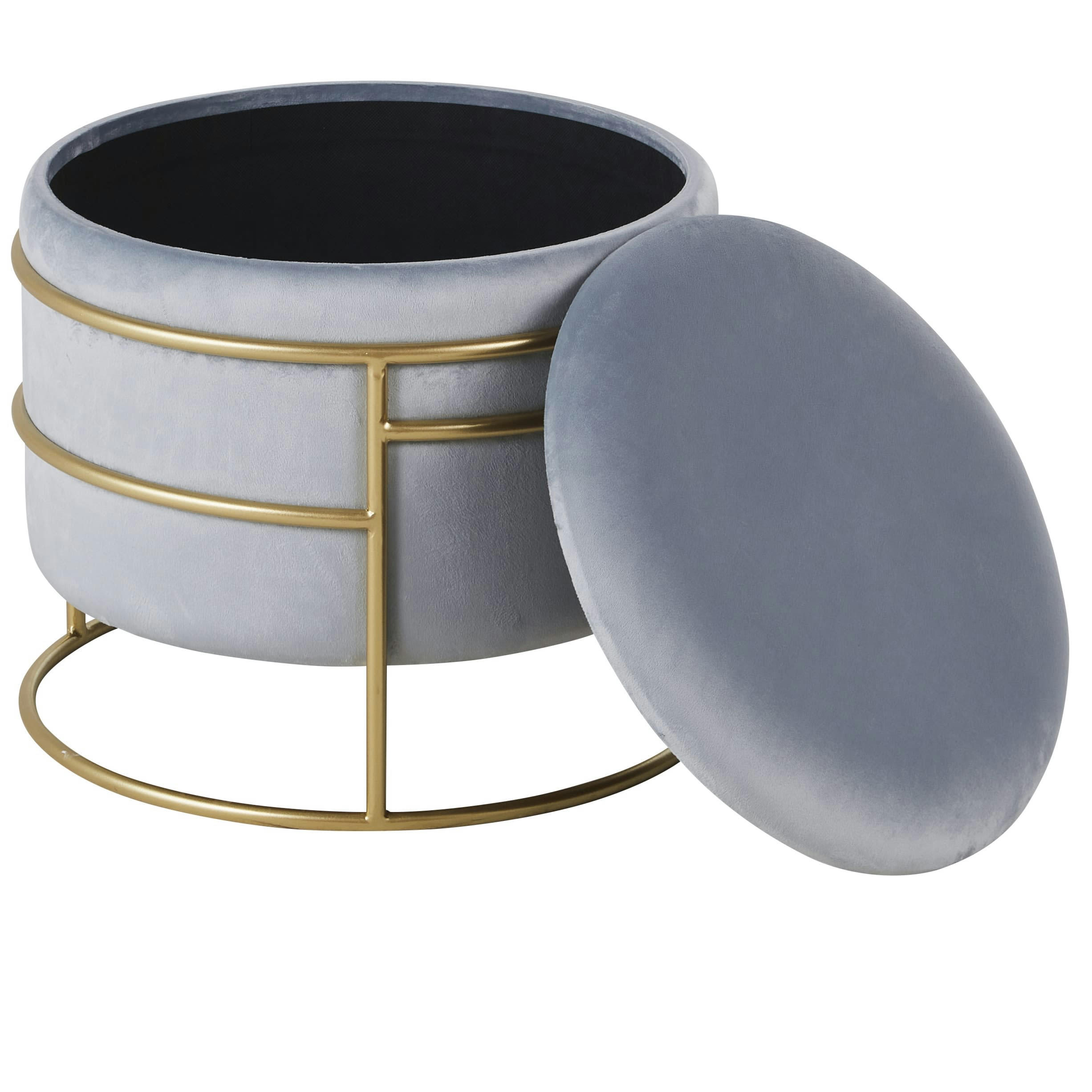 ILIANA - Pouf coffre rond en velours bleu et métal recyclé doré
