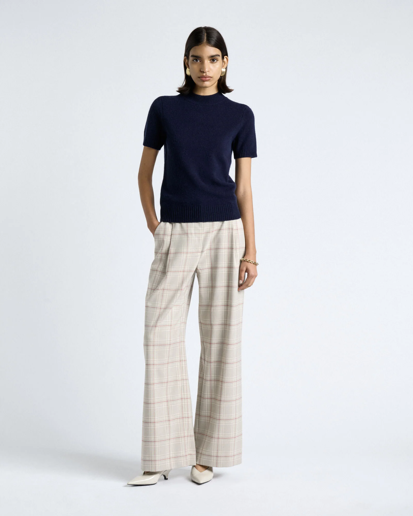 Merino Cashmere Blend Mock Neck Short Sleeve Knit