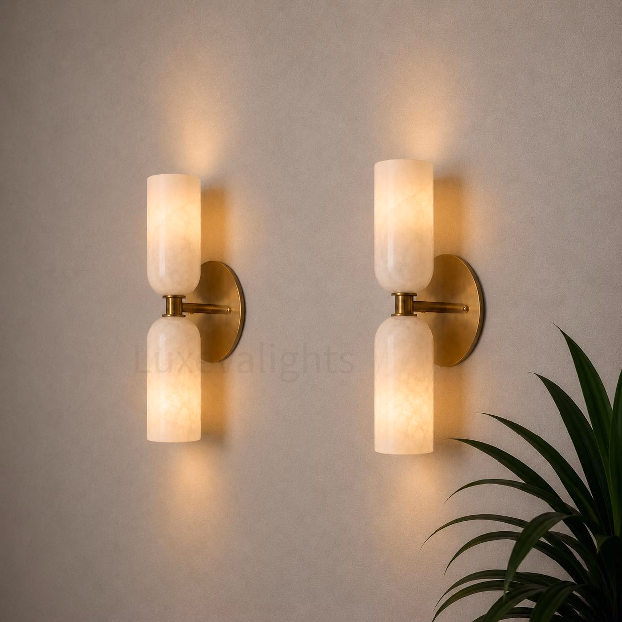 Mid Century Modern Alabaster Wall Sconce Pair, Brass Bathroom Vanity Light, Italian Double Cylinder Wall Lamp, Luxury Wall Light Fixture