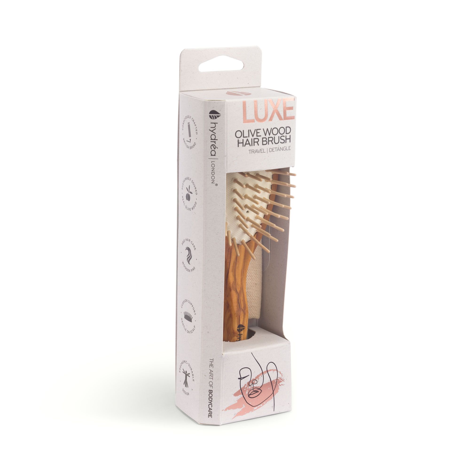 Hydrea London Luxe Olive Wood Travel Hair Brush with Anti-static Olive Wood Pins and Rubber Cushion for Smooth Detangle