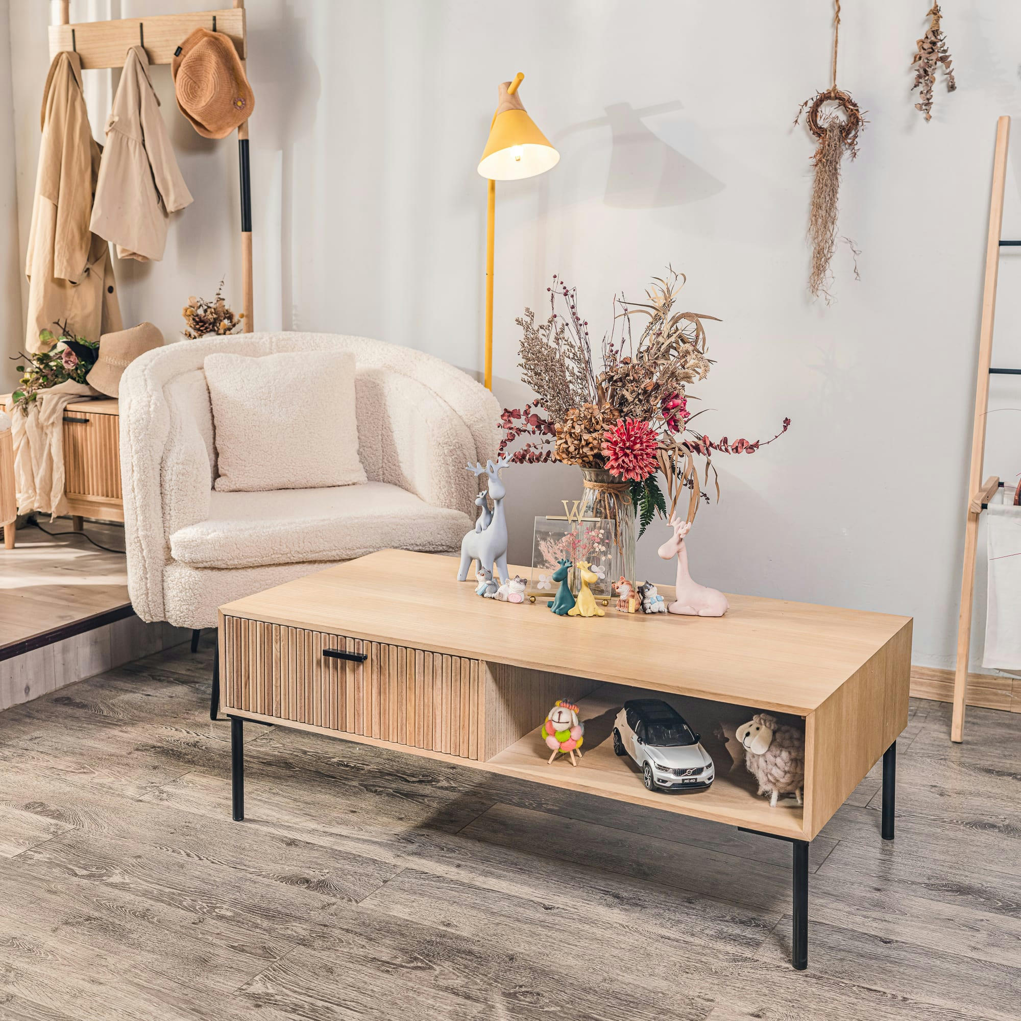 - Table basse 1 tiroir en fresne et metal