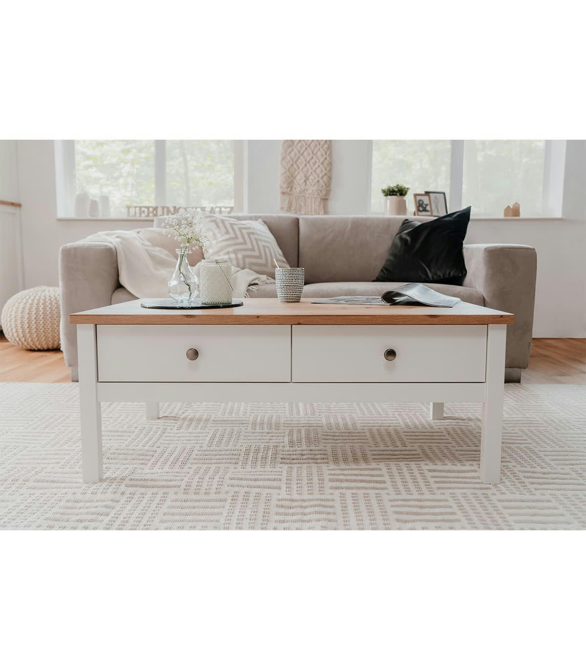 BERGEN - Table Basse 2 tiroirs L100 cm - Décor Blanc et bois