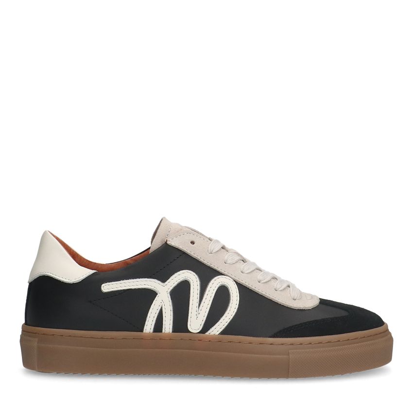 Manfield Zwarte leren sneakers met suède details