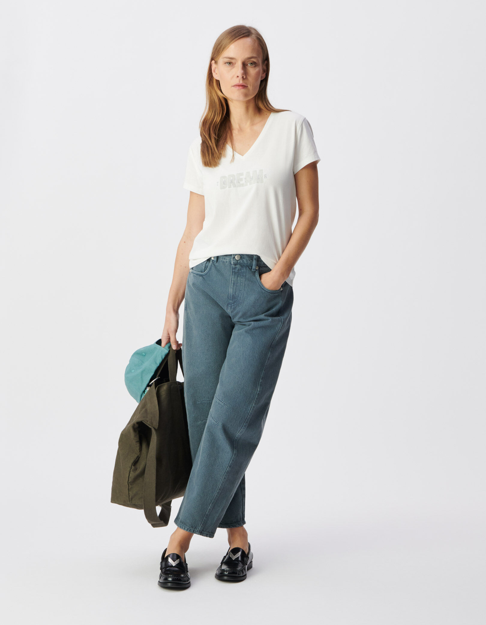 Tee-shirt encolure V blanc message brodé Femme