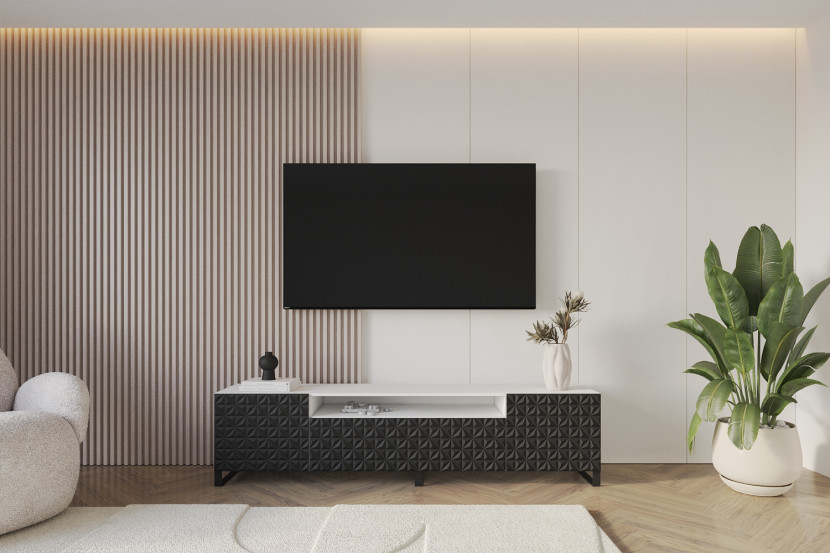 Szafka RTV z frezowanymi frontami stojąca VIRA-S - 200x53x41 cm - Czarny