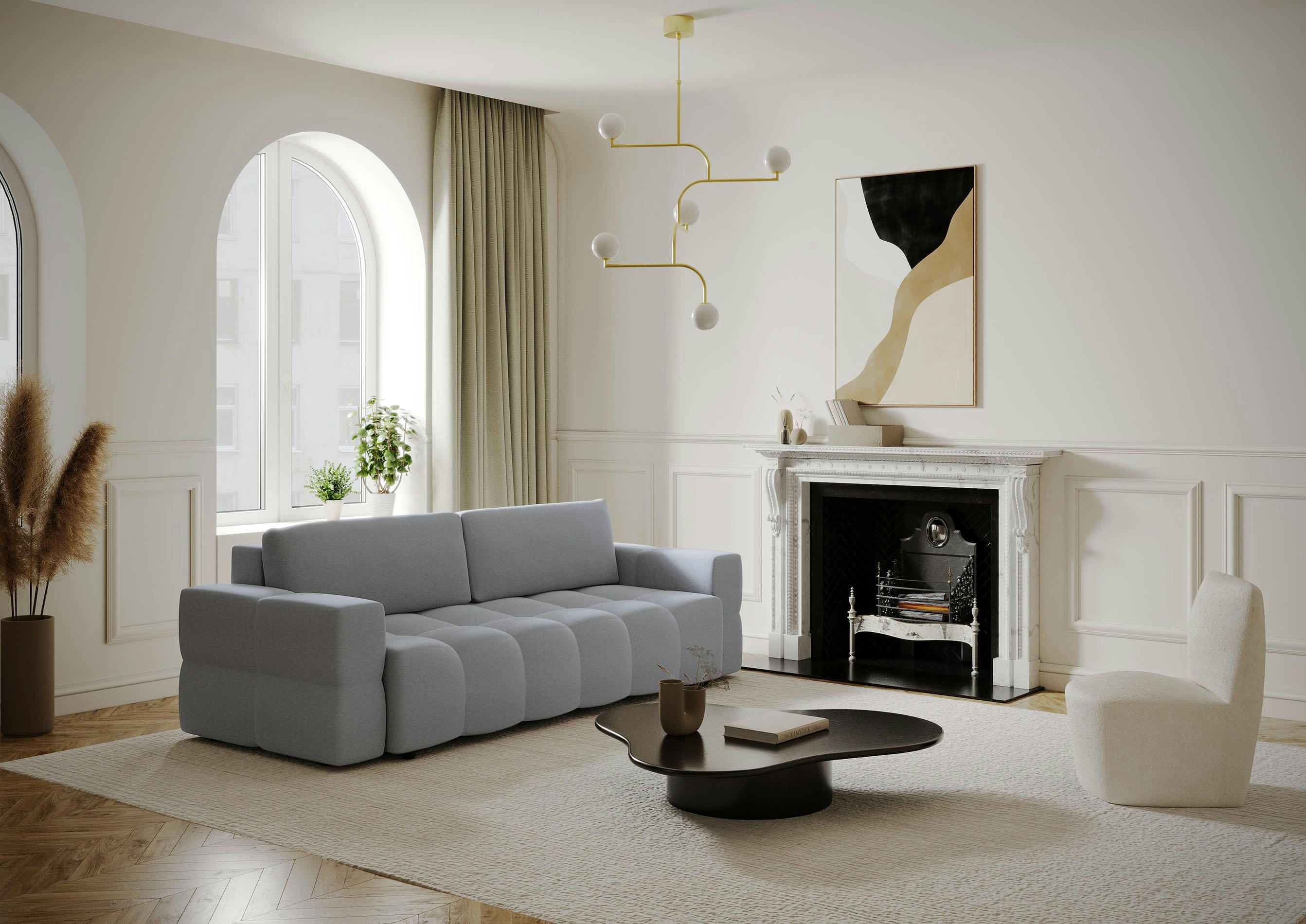 GABRIEL - Canapé 4 places convertible coffre tissu tramé gris béton