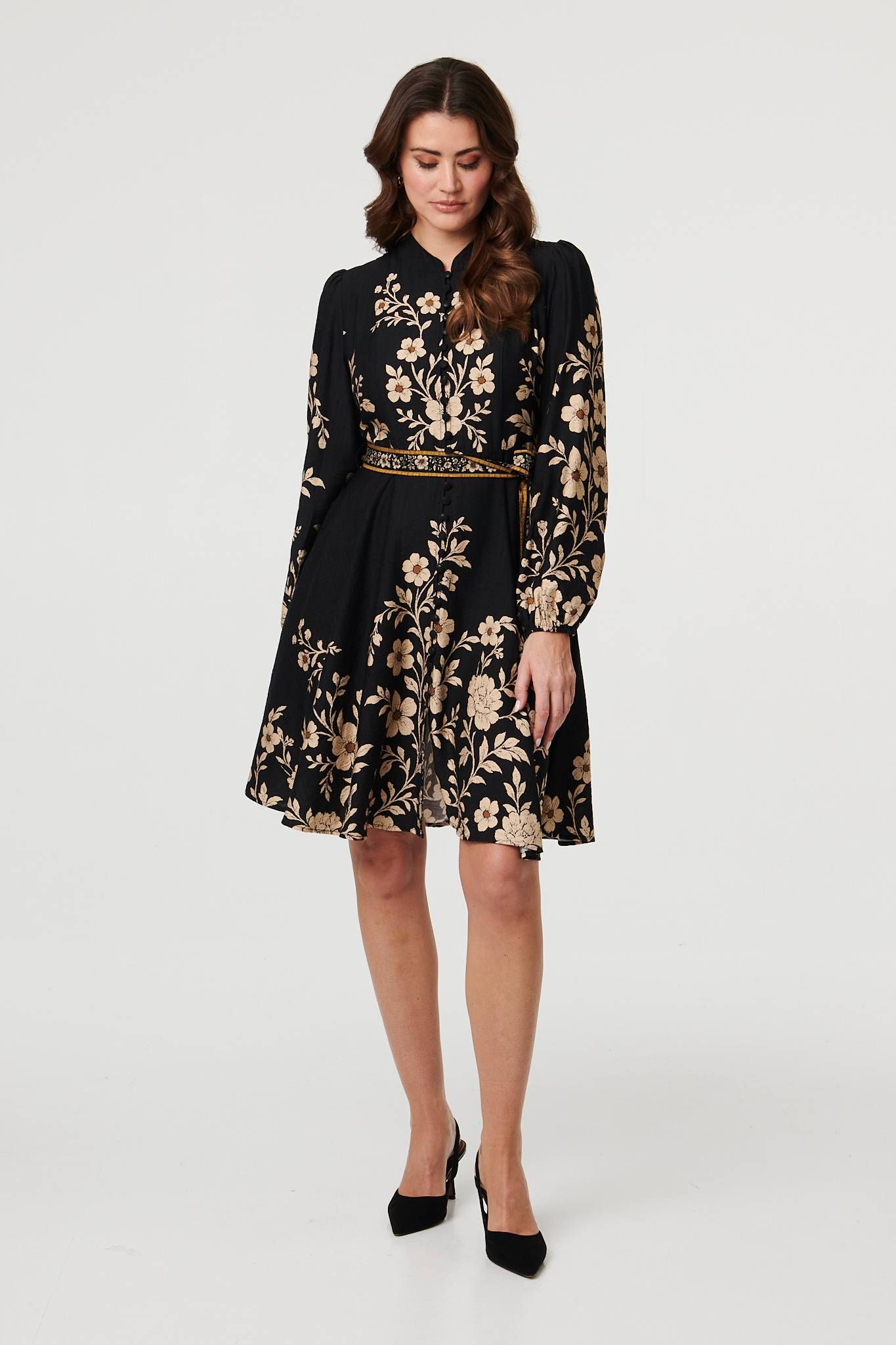 Izabel London Floral Tie Waist A-Line Knee Length Dress