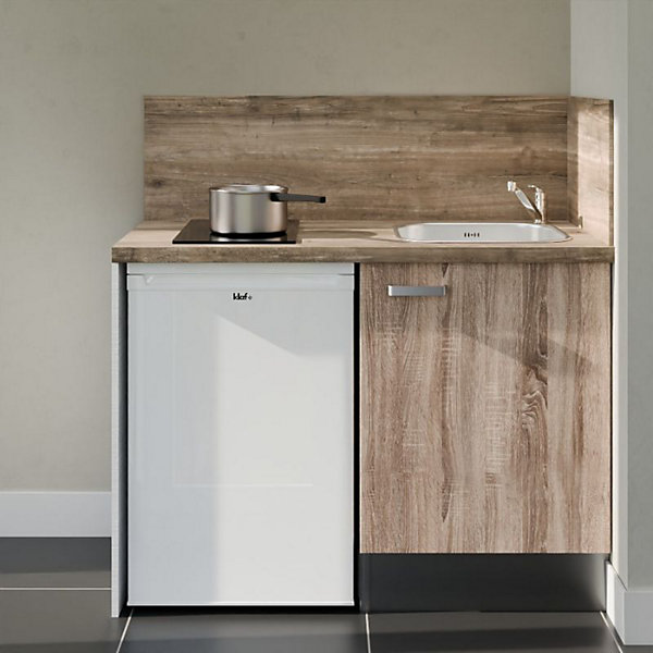 Kitchenette K08 façades Bois - Plan de travail Bois - Crédences : Oui - Evier inox - Electroménager Blanc inclus