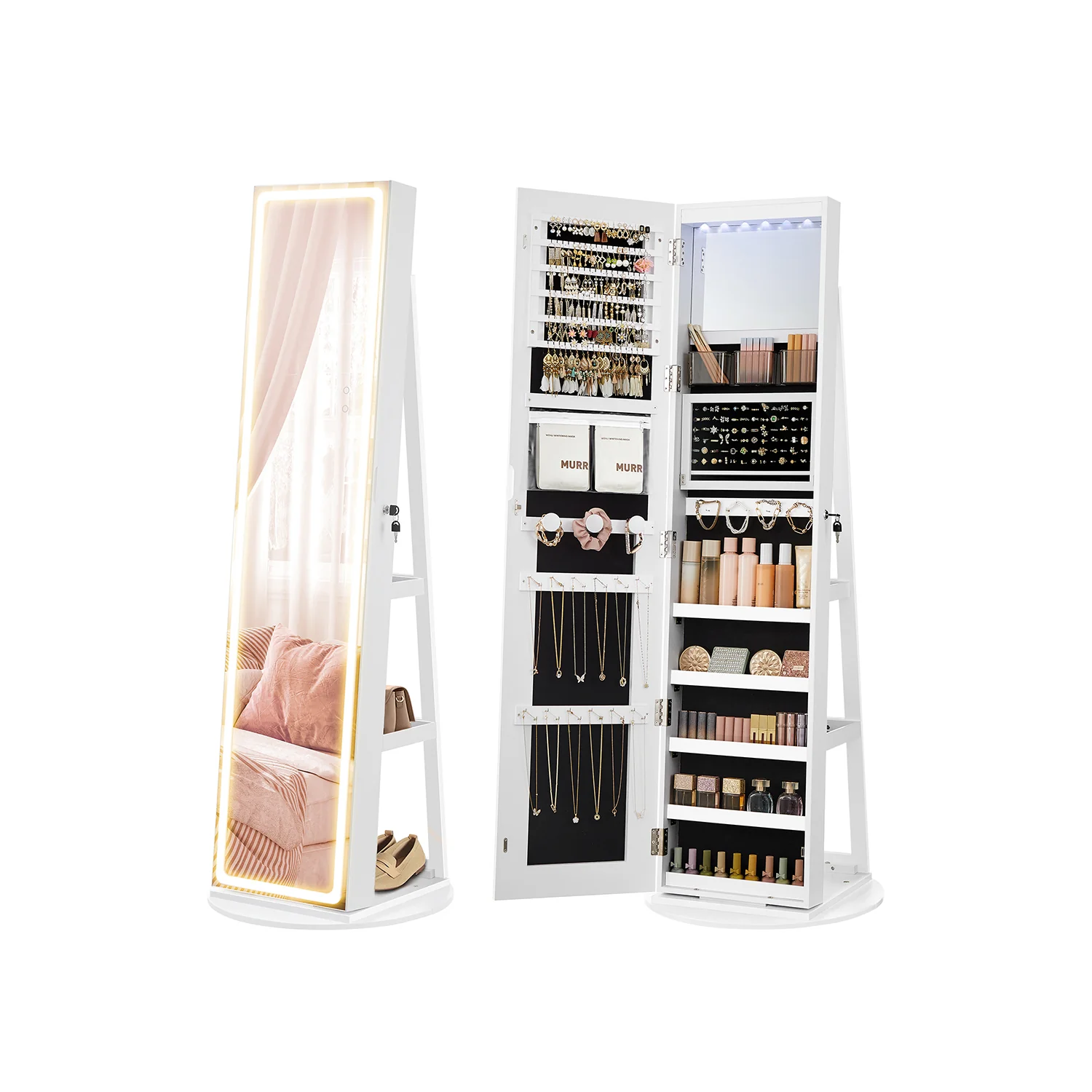 Armoire à bijoux sur pied avec miroir éclairage