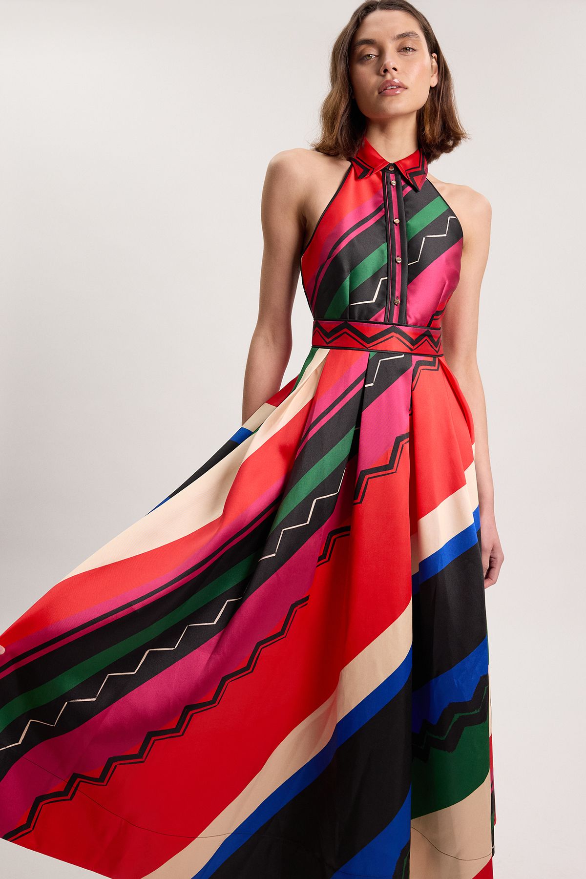 KarenMillen Abstract Print Twill Contrast Collared Woven Maxi Dress