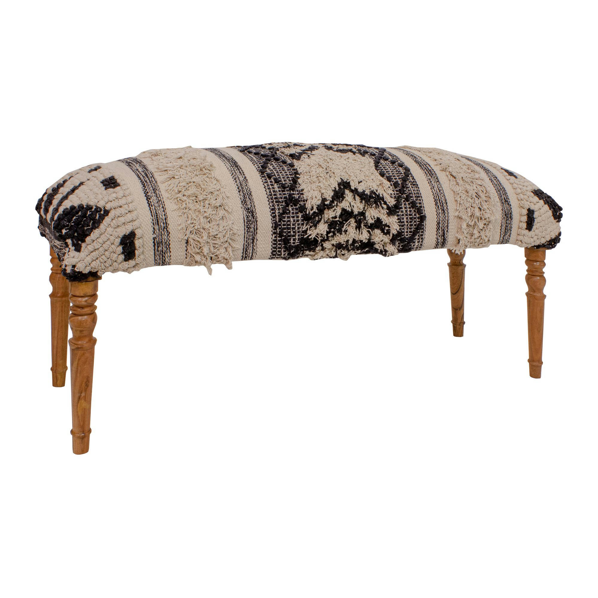 ASSAM - Banc en coton tressé écru et noir avec pieds en bois