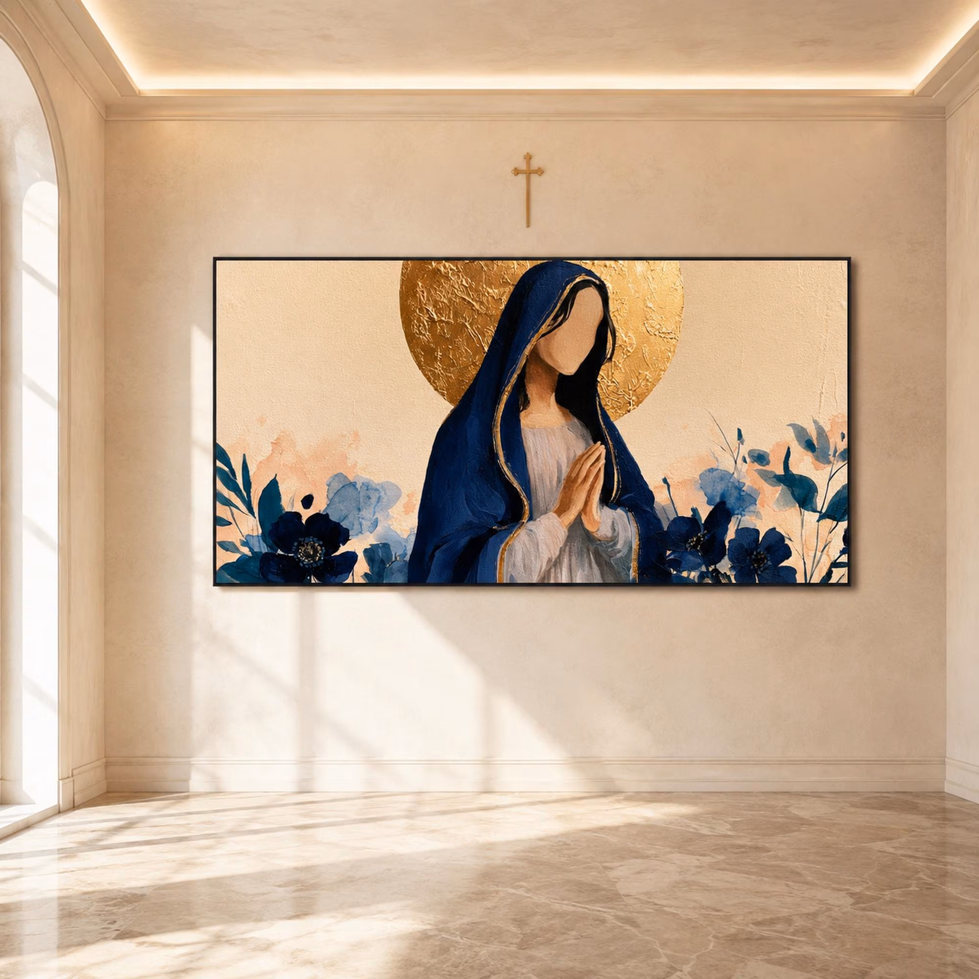 Virgin Mary Oil Painting, Praying Madonna Home Decor, Catholic Floral Canvas Art