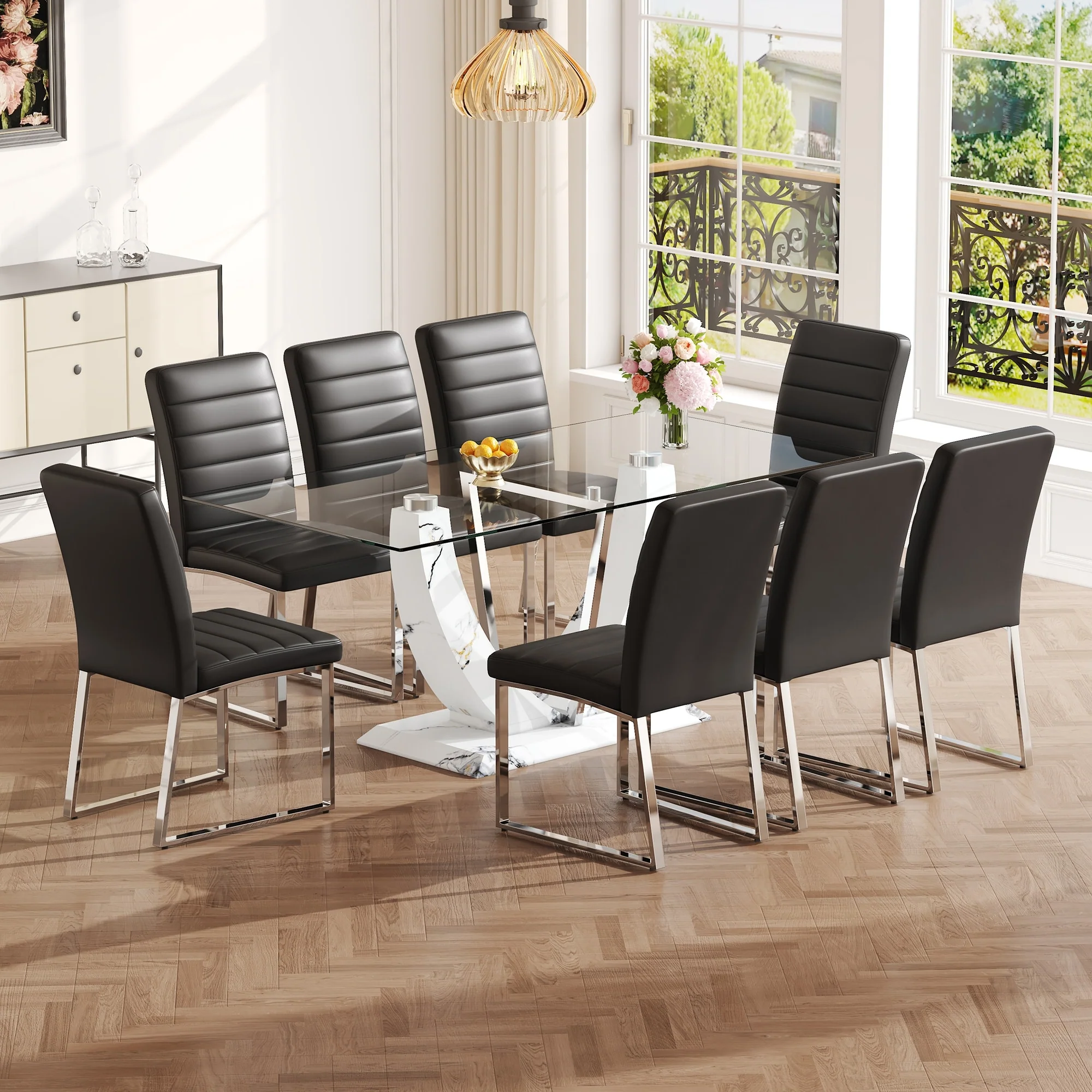 Modern Style 9-Piece Dining Set with Rectangular Glass Table and 8 Upholstered Dining Chairs